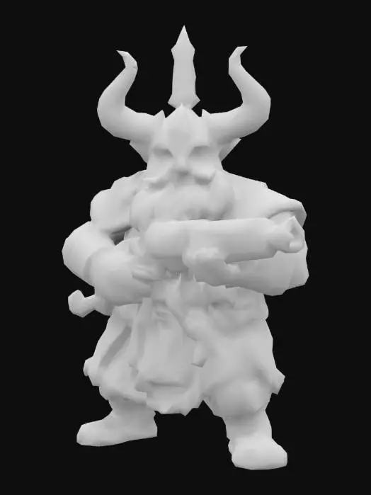 3D model for #ChronoForgeWeapon#, king of dwarfs , big gun low poly in each hand , scary face , agressive pause, tribal tatoos, viking armure , thundra hat, power aura light glow