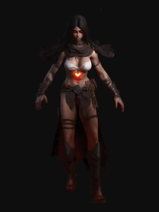 3D model for #valentine#, long legs barbarian shadow girl assasin, glowing eyes, perfect body, beautyfull face , glowing touchs, masterpiece, long dark hairs, green glowing eyes, A pause 