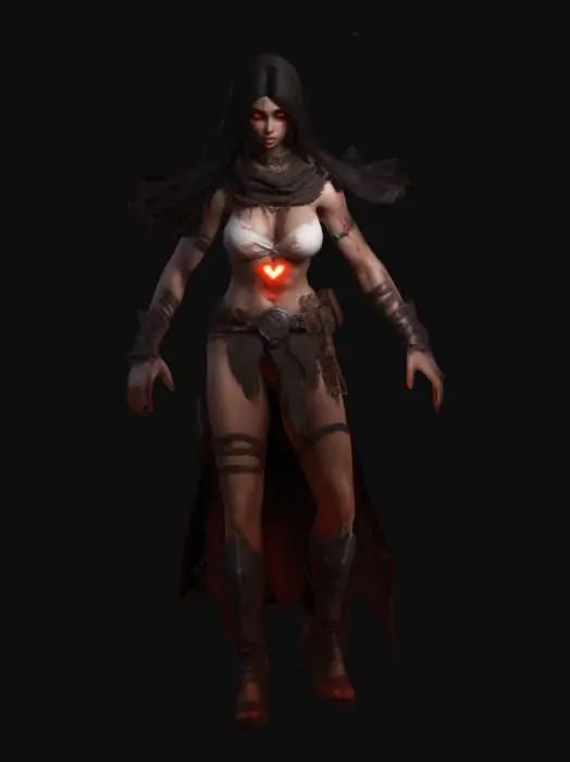 3D model for #valentine#, long legs barbarian shadow girl assasin, glowing eyes, perfect body, beautyfull face , glowing touchs, masterpiece, long dark hairs, green glowing eyes, A pause 