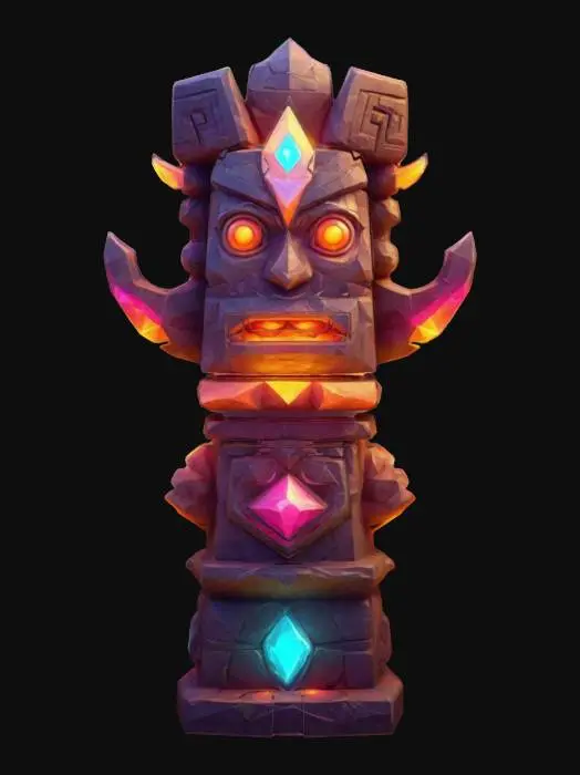 3D model for masterpiece, lowpoly, glowing magic laser mysterious mystical Ancient huge sacred totem geometrical shapes huge chibi style legendary funny game style vivid colors, Unique Original Shape 