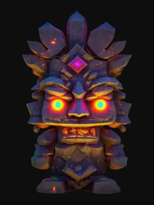 3D model for masterpiece, lowpoly, glowing magic laser mysterious mystical Ancient huge sacred totem  geometrical Huge Face Statue shapes huge chibi style legendary funny game style vivid colors, Unique Original Shape stonehenge style big