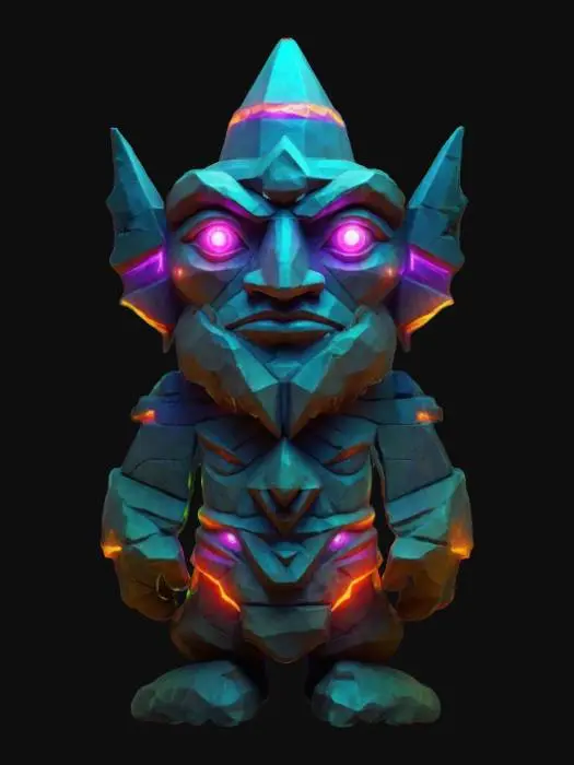 3D model for masterpiece, lowpoly, glowing magic laser mysterious mystical Ancient huge sacred totem geometrical Huge impressive idiot Face Statue shapes huge chibi style legendary funny game style vivid colors, Unique Original Shape stonehenge style big