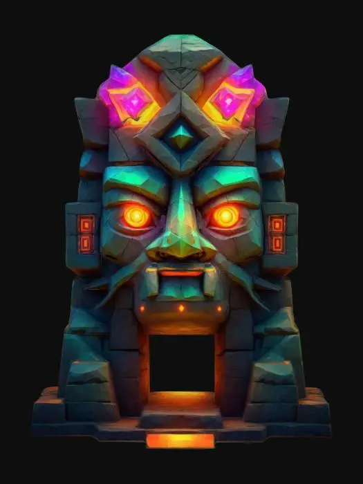 3D model for masterpiece, lowpoly, glowing magic laser mysterious mystical Ancient huge sacred totem  geometrical Huge Face Statue shapes huge chibi style legendary funny game style vivid colors, Unique Original Shape stonehenge style big