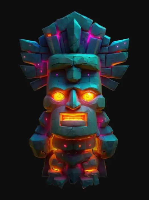 3D model for masterpiece, lowpoly, glowing magic laser mysterious mystical Ancient huge totem geometrical Huge impressive impressive Face Statue house carve from inside with secret path shapes huge chibi style legendary funny game style vivid colors, Unique Original Shape stonehenge style big