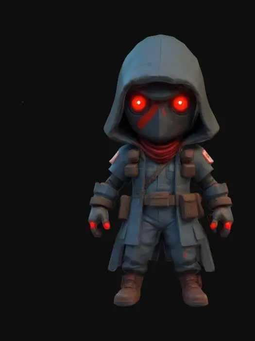 3D model for #game figure#, masterpiece, lowpoly, glowing magic laser mysterious stylized hooded veteran Machine Engineer Impressive with huge chibi style legendary funny game style vivid colors, Unique Original Shape 