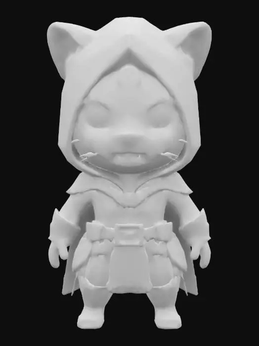 3D model for #game figure#, masterpiece, lowpoly, glowing Pink Eyes stylized hooded veteran panthère Head Soldier Impressive with huge chibi style legendary funny game style vivid colors, Unique Original Shape 