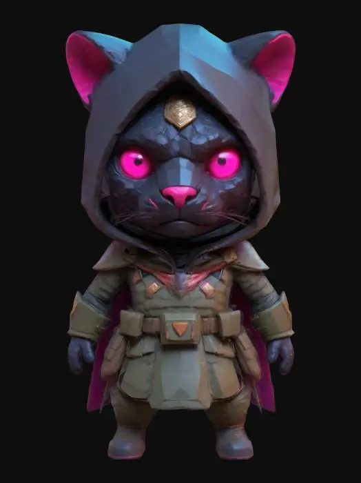 3D model for #game figure#, masterpiece, lowpoly, glowing Pink Eyes stylized hooded veteran panthère Head Soldier Impressive with huge chibi style legendary funny game style vivid colors, Unique Original Shape 