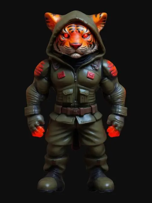 3D model for #game figure#, masterpiece, glowing RED EYES stylized hooded veteran Tiger Head Soldier Impressive with huge muscled style legendary funny game style vivid colors, Unique Original Shape 