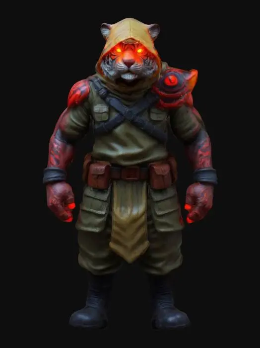 3D model for #game figure#, masterpiece, glowing RED EYES stylized hooded veteran Tiger Head Soldier Impressive with huge muscled style legendary funny game style vivid colors, Unique Original Shape 