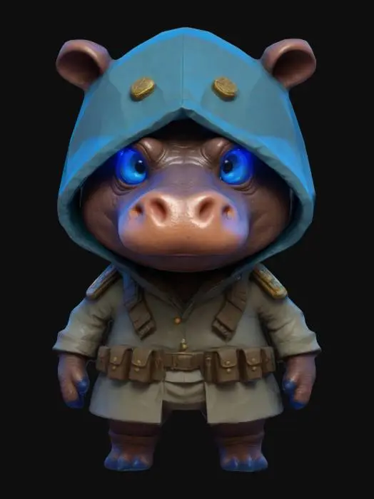 3D model for #game figure#, masterpiece, lowpoly, glowing BLUE EYES stylized hooded veteran Hippopotame Head Soldier Impressive with huge chibi style legendary funny game style vivid colors, Unique Original Shape 
