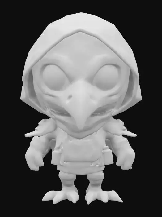 3D model for #game figure#, masterpiece, lowpoly, glowing RED EYES stylized hooded Raven HEAD veteran Machine Engineer Impressive with huge chibi style legendary funny game style vivid colors, Unique Original Shape 