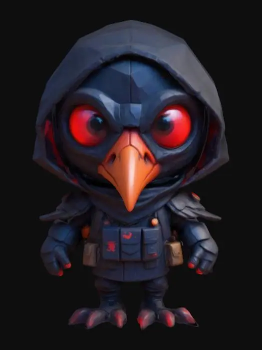 3D model for #game figure#, masterpiece, lowpoly, glowing RED EYES stylized hooded Raven HEAD veteran Machine Engineer Impressive with huge chibi style legendary funny game style vivid colors, Unique Original Shape 