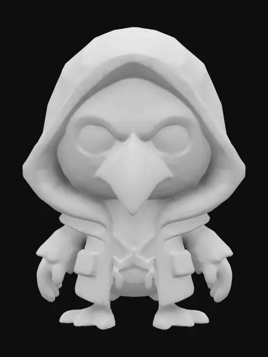 3D model for #game figure#, masterpiece, lowpoly, glowing RED EYES stylized hooded Raven HEAD veteran Machine Engineer Impressive with huge chibi style legendary funny game style vivid colors, Unique Original Shape 