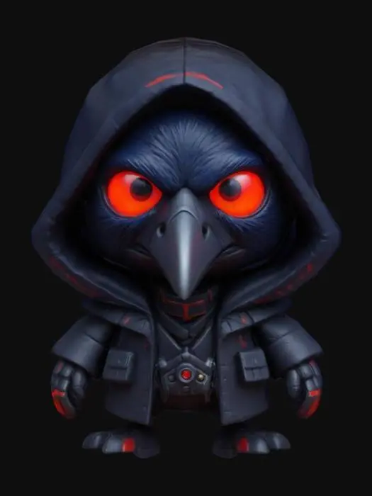 3D model for #game figure#, masterpiece, lowpoly, glowing RED EYES stylized hooded Raven HEAD veteran Machine Engineer Impressive with huge chibi style legendary funny game style vivid colors, Unique Original Shape 