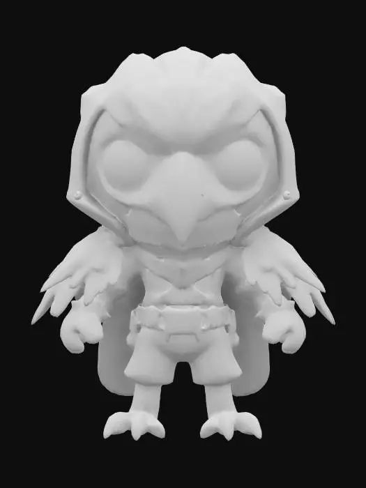 3D model for #game figure#, masterpiece, lowpoly, glowing GREEN EYES stylized hooded veteran Parrot Bird Head Soldier Impressive with huge chibi style legendary funny game style vivid colors, Unique Original Shape 