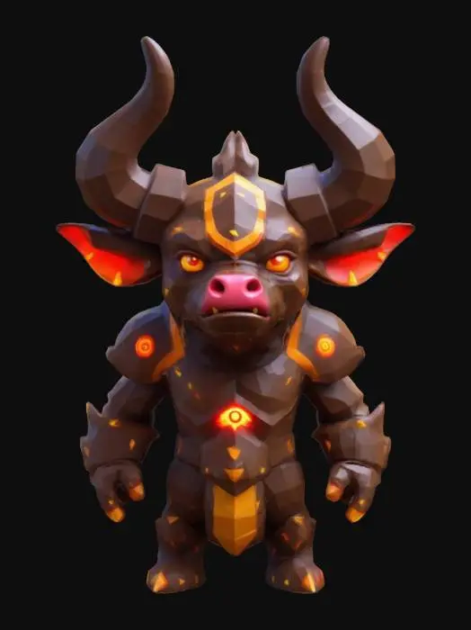 3D model for #game figure#, masterpiece, lowpoly, glowing Eyes stylized Antropomorph Bull Charismatic Impressive Savage with huge chibi style legendary funny game style vivid colors, Unique Original Shape 