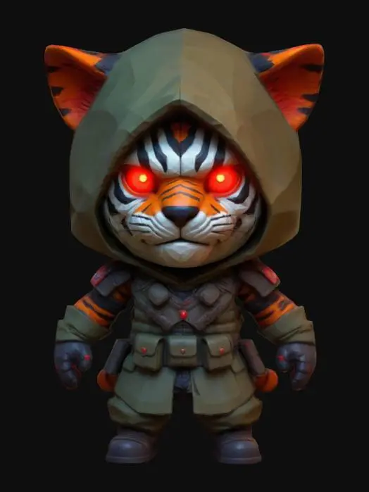 3D model for #game figure#, masterpiece, lowpoly, glowing RED EYES stylized hooded veteran Tiger Head Soldier Impressive with huge chibi style legendary funny game style vivid colors, Unique Original Shape 