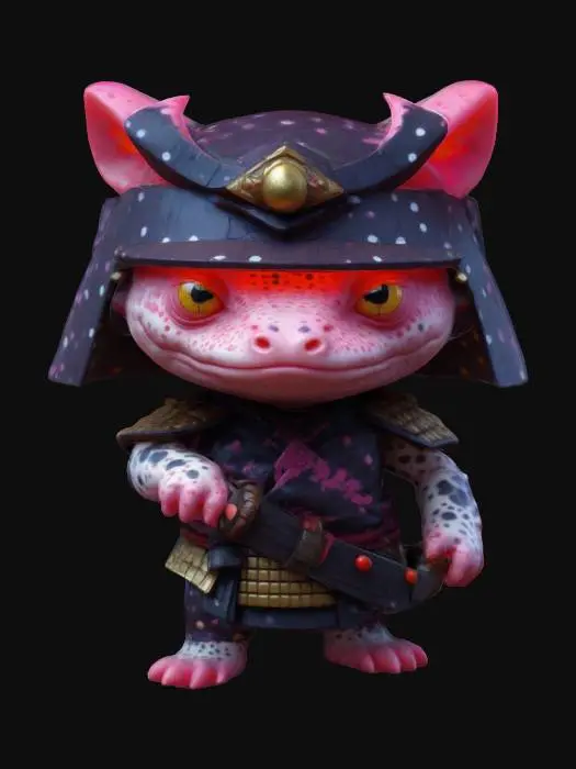 3D model for #game figure#, masterpiece, lowpoly, glowing EYES stylized veteran Axolotl Head Samurai Master Impressive with huge chibi style legendary funny game style vivid colors, Unique Original Shape, dotted leopard skin