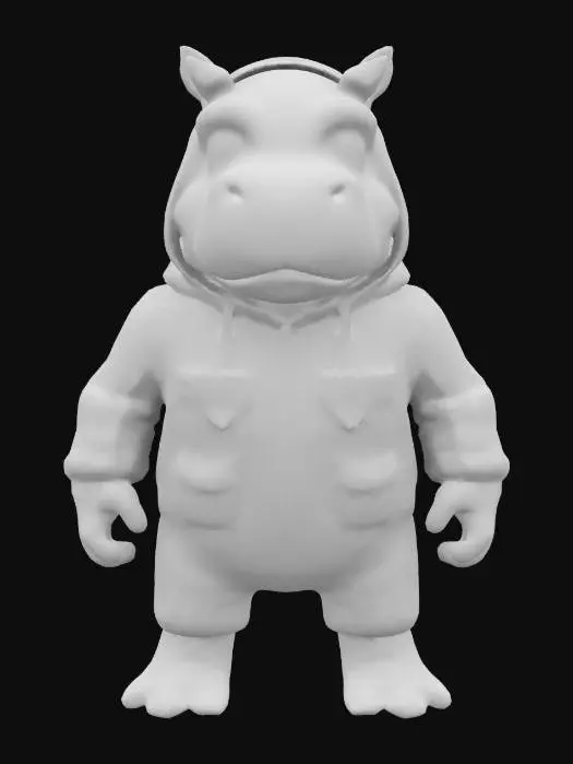3D model for #game figure#, masterpiece, lowpoly, glowing BLUE EYES stylized hooded veteran Hippopotame Head Commando Soldier full Black Suit Impressive with huge chibi style legendary funny game style vivid colors, Unique Original Shape 