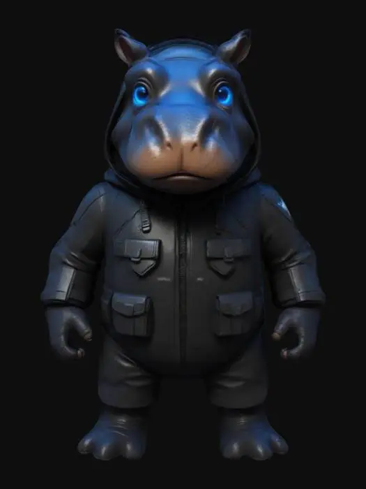 3D model for #game figure#, masterpiece, lowpoly, glowing BLUE EYES stylized hooded veteran Hippopotame Head Commando Soldier full Black Suit Impressive with huge chibi style legendary funny game style vivid colors, Unique Original Shape 