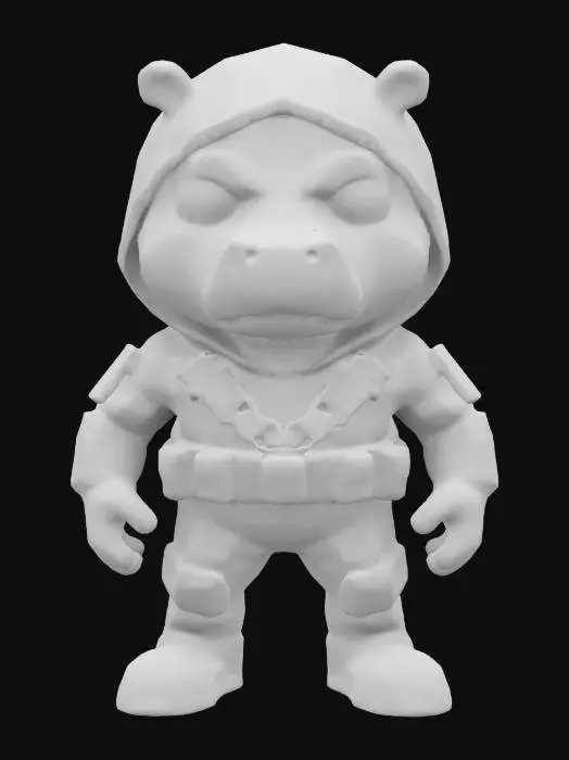 3D model for #game figure#, masterpiece, lowpoly, glowing BLUE EYES stylized hooded veteran Hippopotame Head Commando Soldier full Black Suit Impressive with huge chibi style legendary funny game style vivid colors, Unique Original Shape 
