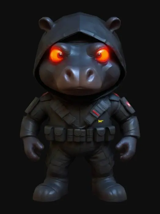 3D model for #game figure#, masterpiece, lowpoly, glowing BLUE EYES stylized hooded veteran Hippopotame Head Commando Soldier full Black Suit Impressive with huge chibi style legendary funny game style vivid colors, Unique Original Shape 