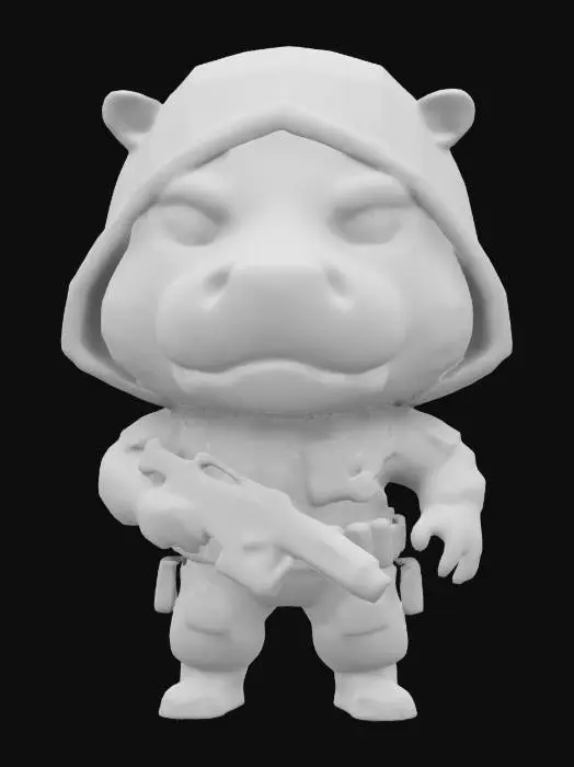 3D model for #game figure#, masterpiece, lowpoly, glowing BLUE EYES stylized hooded veteran Hippopotame Head Commando Soldier full Black Suit Impressive with huge chibi style legendary funny game style vivid colors, Unique Original Shape 