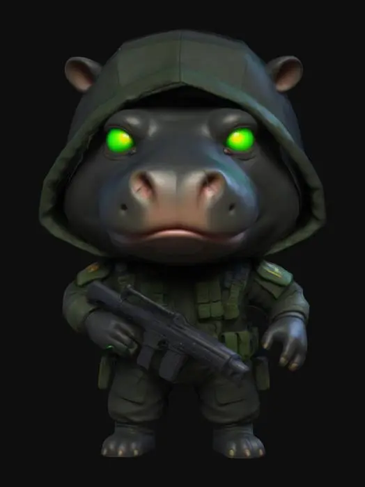 3D model for #game figure#, masterpiece, lowpoly, glowing BLUE EYES stylized hooded veteran Hippopotame Head Commando Soldier full Black Suit Impressive with huge chibi style legendary funny game style vivid colors, Unique Original Shape 