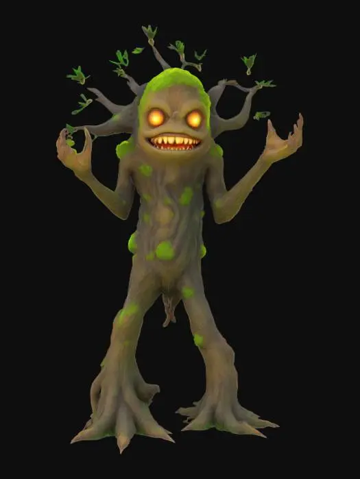 3D model for #garden#, Antropomorph Tree Monster Giant, Glowing Magic, Realistic Smooth Game Texture, Mossy, Funny Pause