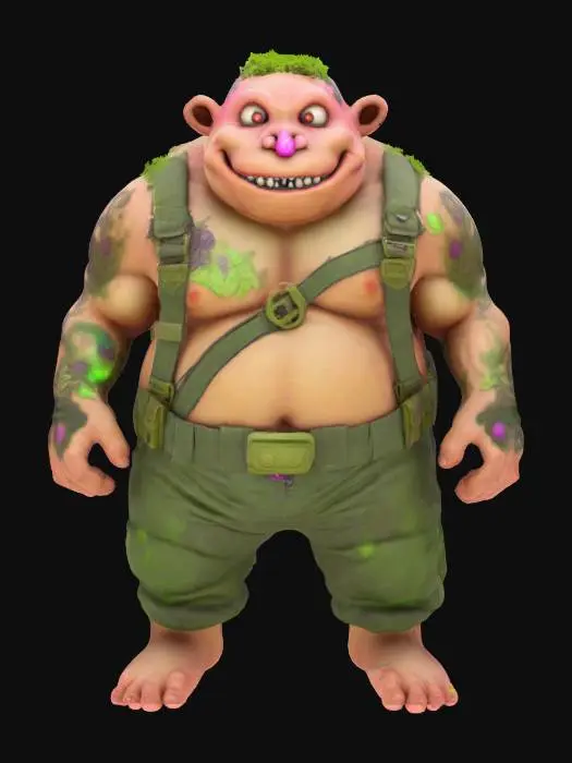 3D model for #garden#, Antropomorph Donuts Monster Giant Soldier , camouflages tatoos , Glowing Magic, Realistic Smooth Game Texture, Mossy, Funny Pause