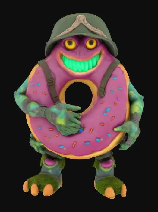 3D model for #garden#, Antropomorph Donuts Monster Giant Soldier , camouflages tatoos , Glowing Magic, Realistic Smooth Game Texture, Mossy, Funny Pause