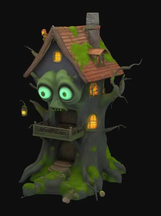 3D model for #garden#, Antropomorph Tree Monster Giant House, Glowing Magic, Realistic Smooth Game Texture, Mossy, Funny Pause