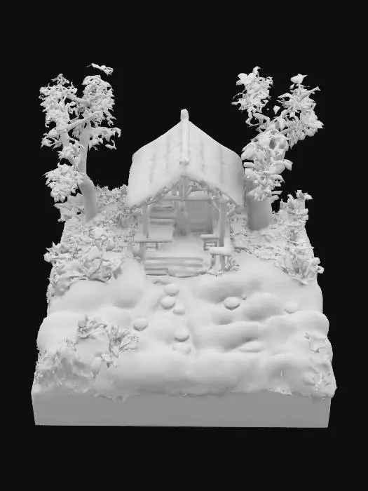 3D model for #garden#, hameau de paix , sublime , paradisiaque , petite chalet sur place magique mousseuse et fleurie enchantée