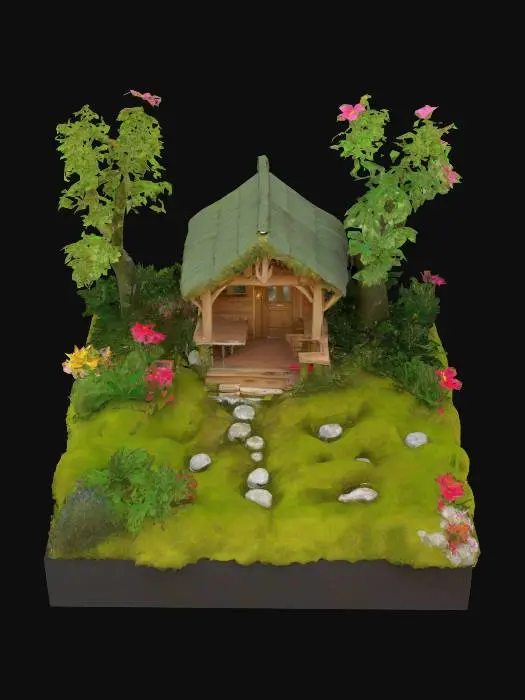 3D model for #garden#, hameau de paix , sublime , paradisiaque , petite chalet sur place magique mousseuse et fleurie enchantée