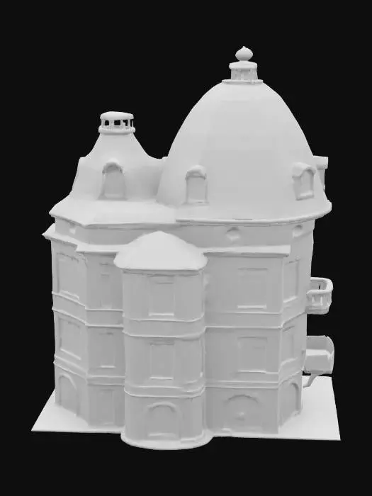 3D model for hollow house architectural genius, unique original shapes, stone path in the grass in front of the house, Haussmann-style domed roof