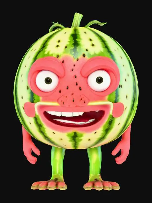 3D model for ultra réaliste, ultra détaillé, toutes les textures sont bien éclairés et lumineuse, couleurs ultra cartoonisés, avec un air ultra amusant, débile, original et déjanté c'est une pastèque anthropomorphe avec des énormes yeux globuleux veineux amusant, elle a des bras et des jambes il se tient debout