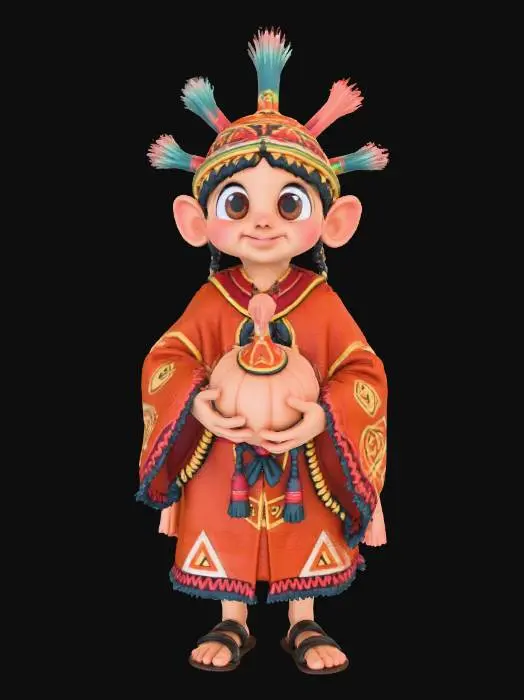 3D model for #Thanksgiving#, masterpiece, lowpoly, Inca character with big eyes , funny