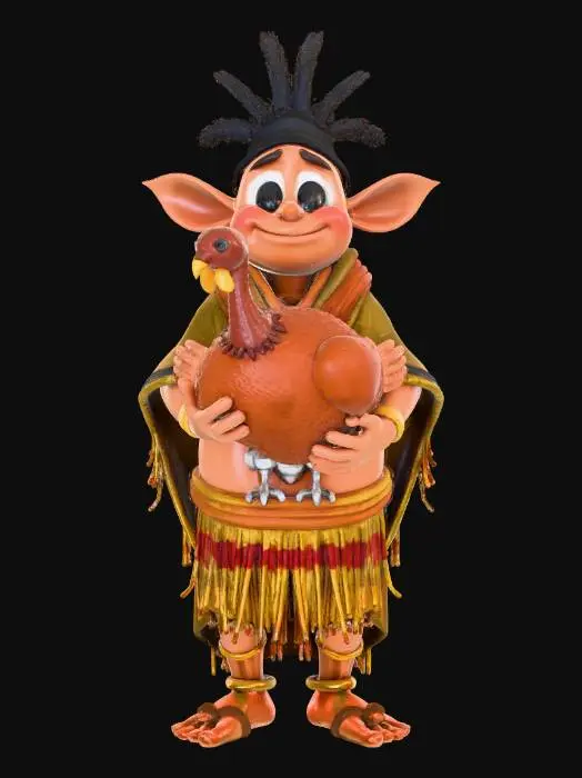 3D model for #Thanksgiving#, masterpiece, lowpoly, Inca character with big eyes , funny