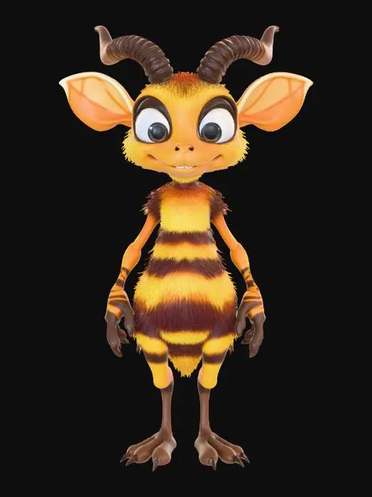 3D model for lowpoly, ultra détaillé, toutes les textures sont bien éclairés et lumineuse, couleurs ultra cartoonisés, c'est un Frelon anthropomorphe , il a des gros yeux débile, il a deux bras et deux jambes , il se tient debout sur ses deux jambes