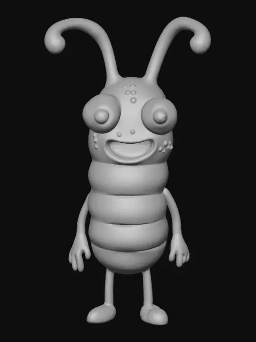 3D model for #Thanksgiving#, lowpoly, ultra détaillé, toutes les textures sont bien éclairés et lumineuse, couleurs ultra cartoonisés, c'est un asticot anthropomorphe , il a des gros yeux débile, il a deux bras et deux jambes , il se tient debout sur ses deux jambes