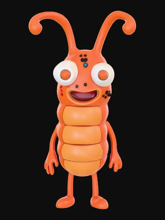 3D model for #Thanksgiving#, lowpoly, ultra détaillé, toutes les textures sont bien éclairés et lumineuse, couleurs ultra cartoonisés, c'est un asticot anthropomorphe , il a des gros yeux débile, il a deux bras et deux jambes , il se tient debout sur ses deux jambes