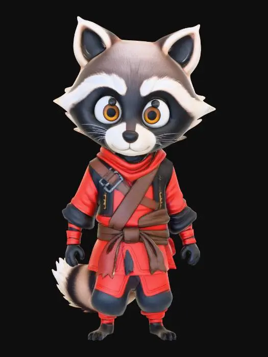 3D model for #Thanksgiving#, lowpoly, ultra détaillé, toutes les textures sont bien éclairés et lumineuse, couleurs ultra cartoonisés, c'est un raton laveur ninja anthropomorphe , il a des gros yeux débile, il a deux bras et deux jambes , il se tient debout sur ses deux jambes