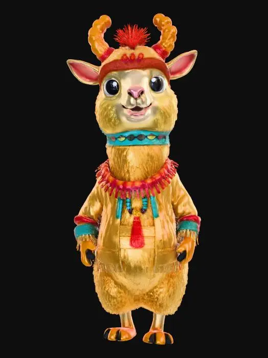 3D model for lowpoly, ultra détaillé, toutes les textures sont bien éclairés et lumineuse, couleurs ultra cartoonisés, c'est un llama au long cou chaman Inca anthropomorphe , il a des gros yeux débile, il a deux bras et deux jambes , il se tient debout sur ses deux jambes