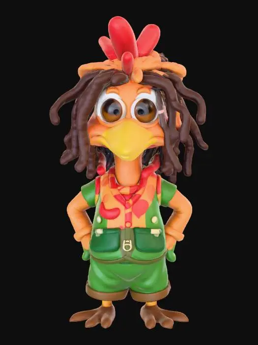 3D model for #Thanksgiving#, masterpiece, lowpoly, Rasta Chicken character with big eyes , funny