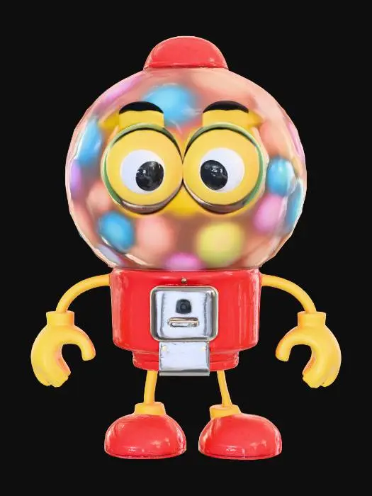 3D model for lowpoly, ultra détaillé, toutes les textures sont bien éclairés et lumineuse, couleurs ultra cartoonisés, c'est une machine distributeur de boule de chewing-gum rondes elle est anthropomorphe , elle a des gros yeux débile, il a deux bras et deux jambes , il se tient debout sur ses deux jambes