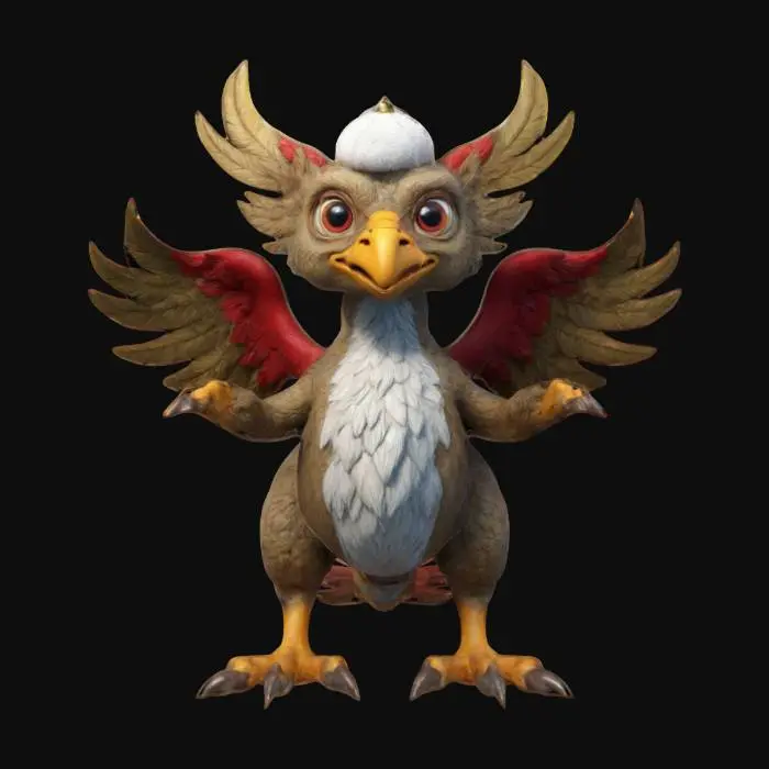 3D model for #ChristmasAdventure#, ultra réaliste, ultra détaillé, toutes les textures sont bien éclairés et lumineuse, couleurs ultra cartoonisés,  c'est un Griffon D'or Majestueux  , il a des gros yeux débile ,un regard admiratif et plein d'amour, il a deux bras et quatre jambe , lumineux, il se tient debout , il est très beau et mignon malgré sa grande taille 