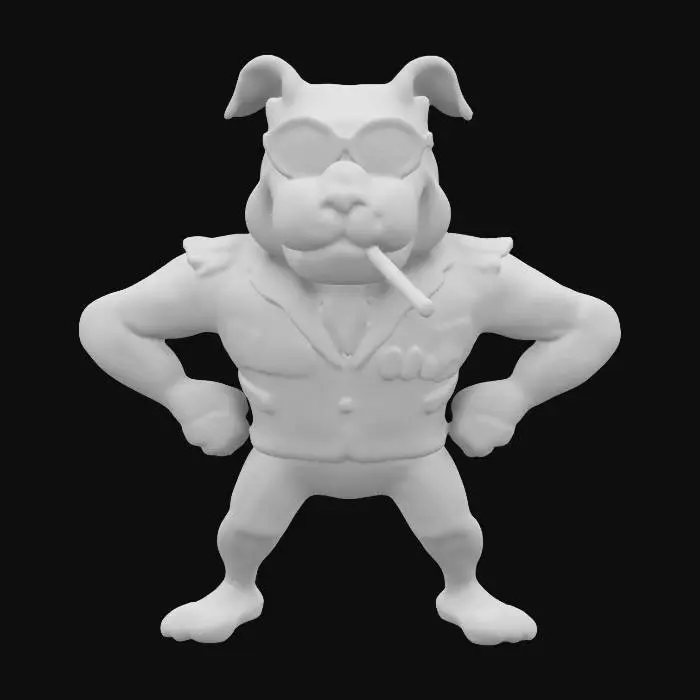 3D model for ultra réaliste, ultra détaillé, toutes les textures sont bien éclairés et lumineuse, couleurs ultra cartoonisés,  c'est un Bulldog anthropomorphe debout sur ses deux jambes , il porte des lunettes de soleil et fume un gros cigare, il est habillé en tenue de militaire haut gradé il a des gros yeux débile ,un regard ultra insistant, il a deux bras musclés et deux jambe , lumineux, il se tient debout il est très charismatique