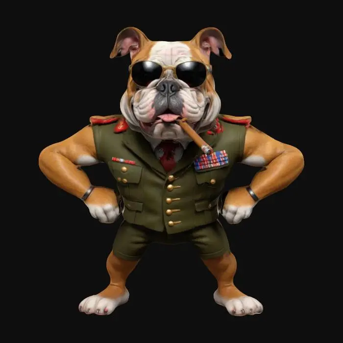 3D model for ultra réaliste, ultra détaillé, toutes les textures sont bien éclairés et lumineuse, couleurs ultra cartoonisés,  c'est un Bulldog anthropomorphe debout sur ses deux jambes , il porte des lunettes de soleil et fume un gros cigare, il est habillé en tenue de militaire haut gradé il a des gros yeux débile ,un regard ultra insistant, il a deux bras musclés et deux jambe , lumineux, il se tient debout il est très charismatique