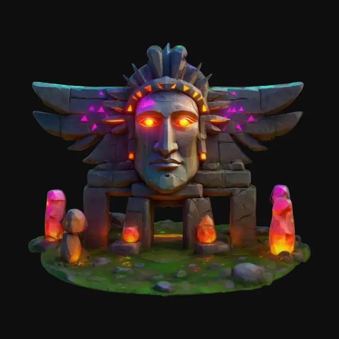 3D model for masterpiece, lowpoly, glowing magic laser mysterious mystical Ancient huge sacred totem  geometrical Huge Face Statue shapes huge chibi style legendary funny game style vivid colors, Unique Original Shape stonehenge style big
