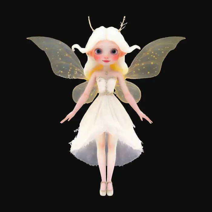 3D model for #fairy#, magic realistic joyfull magic glowing Dotted Albinos Flying Princess, Perfection, Realistic, Vivid Colors, Original Flying Pause, Masterpiece, Incredible Beautyfull Big Eyes